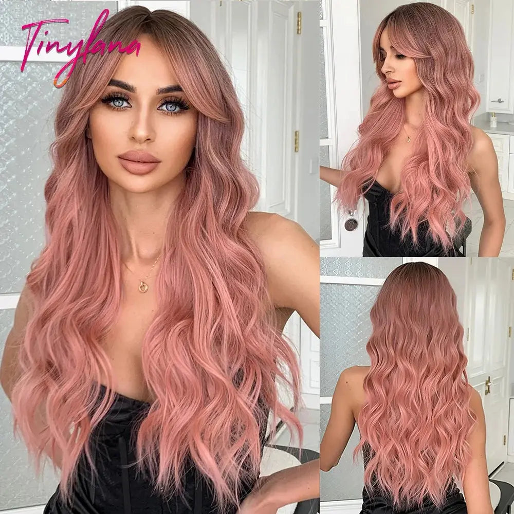 Light Pink Long Wavy Cosplay Synthetic Hair Wigs with Bangs for White Women Afro Lolita Water Wave Halloween Heat Reisitant Wig - Tophatter Daily Deals