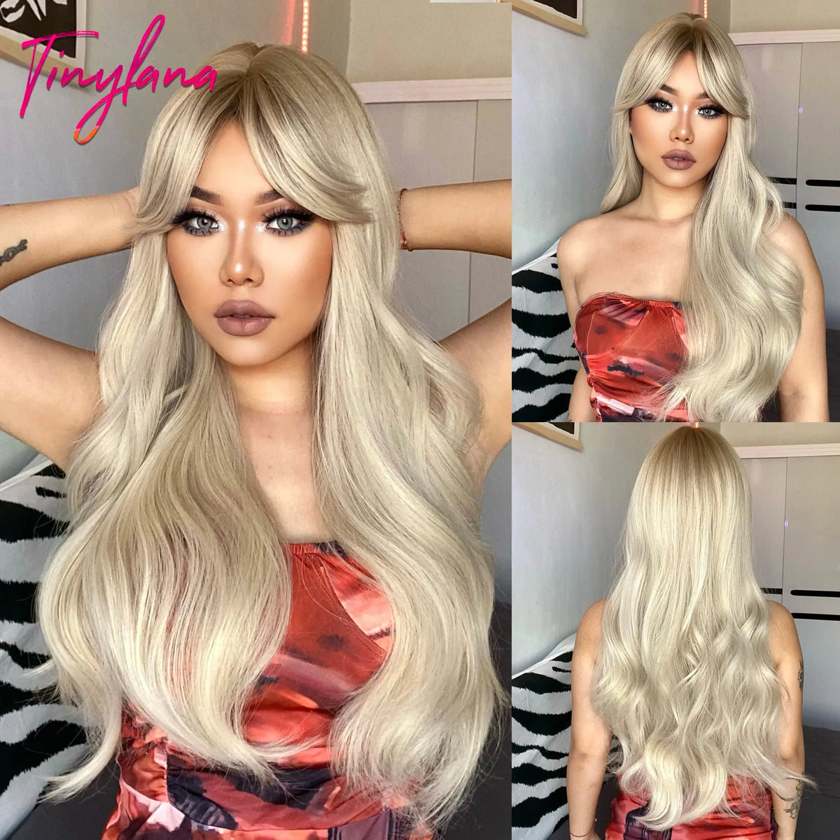 Light Pink Long Wavy Cosplay Synthetic Hair Wigs with Bangs for White Women Afro Lolita Water Wave Halloween Heat Reisitant Wig - Tophatter Daily Deals