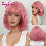 Light Pink Long Wavy Cosplay Synthetic Hair Wigs with Bangs for White Women Afro Lolita Water Wave Halloween Heat Reisitant Wig - Tophatter Daily Deals