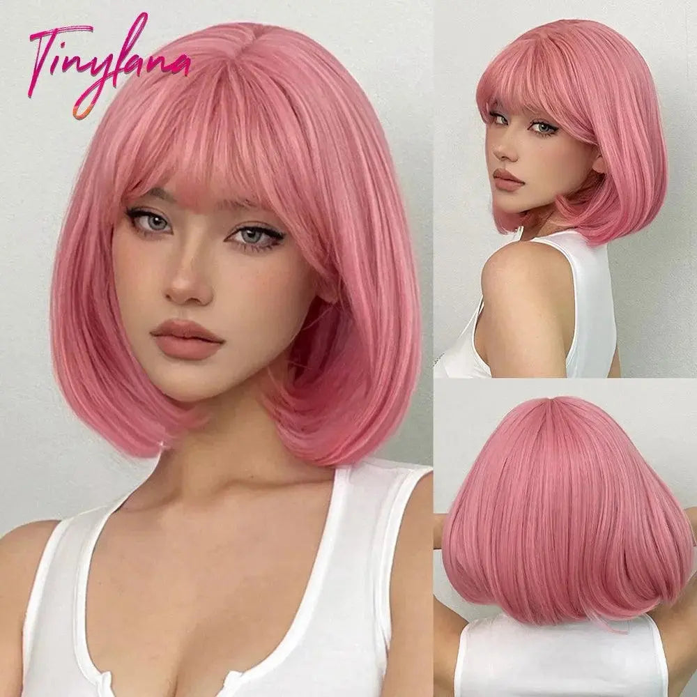 Light Pink Long Wavy Cosplay Synthetic Hair Wigs with Bangs for White Women Afro Lolita Water Wave Halloween Heat Reisitant Wig - Tophatter Daily Deals