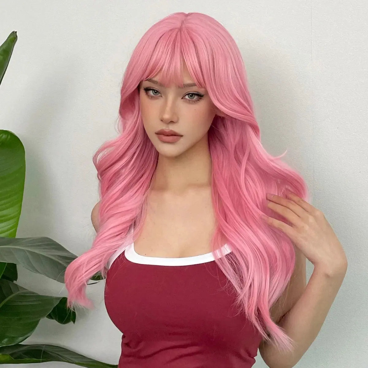 Light Pink Long Wavy Cosplay Synthetic Hair Wigs with Bangs for White Women Afro Lolita Water Wave Halloween Heat Reisitant Wig - Tophatter Daily Deals