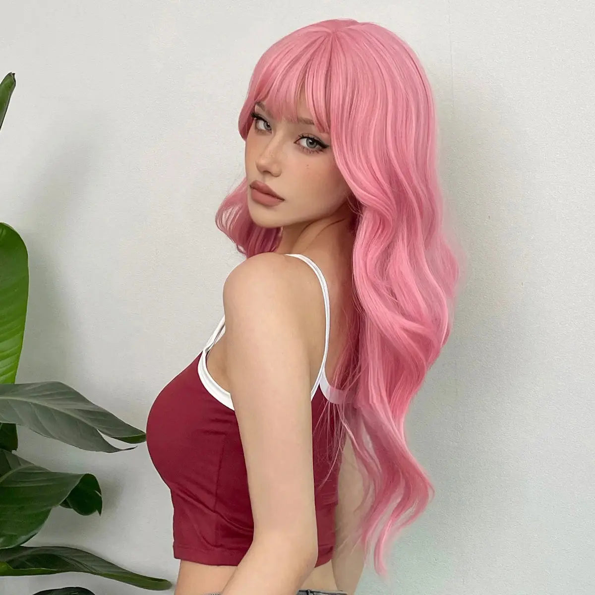 Light Pink Long Wavy Cosplay Synthetic Hair Wigs with Bangs for White Women Afro Lolita Water Wave Halloween Heat Reisitant Wig - Tophatter Daily Deals