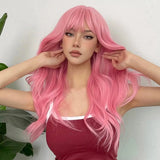 Light Pink Long Wavy Cosplay Synthetic Hair Wigs with Bangs for White Women Afro Lolita Water Wave Halloween Heat Reisitant Wig - Tophatter Daily Deals