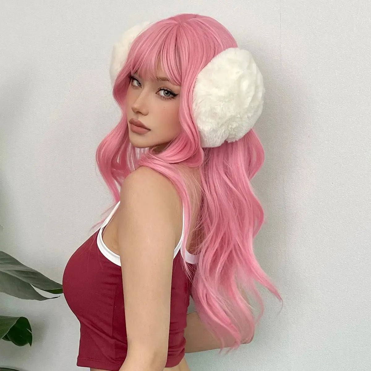 Light Pink Long Wavy Cosplay Synthetic Hair Wigs with Bangs for White Women Afro Lolita Water Wave Halloween Heat Reisitant Wig - Tophatter Daily Deals