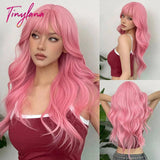 Light Pink Long Wavy Cosplay Synthetic Hair Wigs with Bangs for White Women Afro Lolita Water Wave Halloween Heat Reisitant Wig - Tophatter Daily Deals