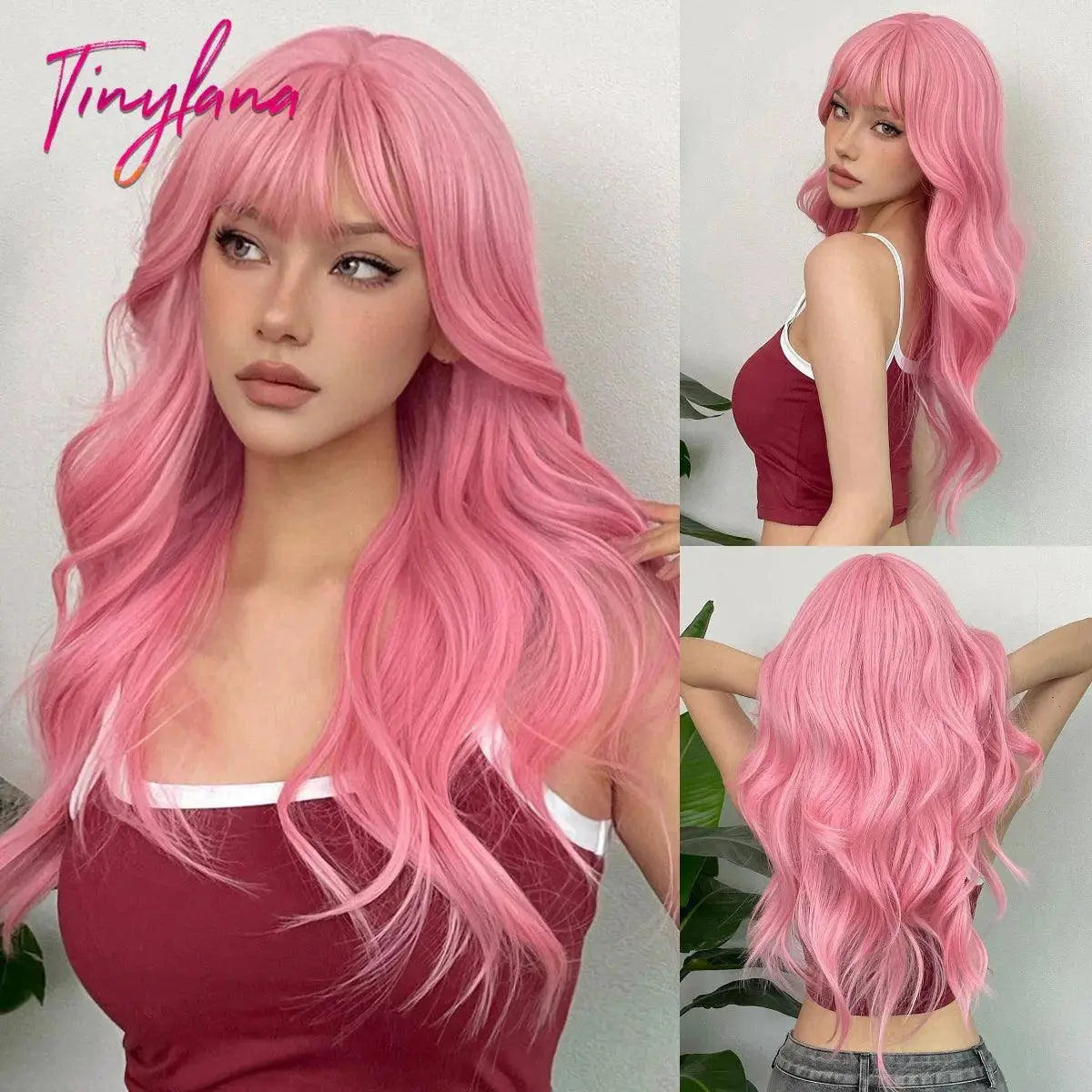 Light Pink Long Wavy Cosplay Synthetic Hair Wigs with Bangs for White Women Afro Lolita Water Wave Halloween Heat Reisitant Wig - Tophatter Daily Deals