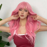 Light Pink Long Wavy Cosplay Synthetic Hair Wigs with Bangs for White Women Afro Lolita Water Wave Halloween Heat Reisitant Wig - Tophatter Daily Deals