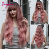 Light Pink Long Wavy Cosplay Synthetic Hair Wigs with Bangs for White Women Afro Lolita Water Wave Halloween Heat Reisitant Wig - Tophatter Daily Deals