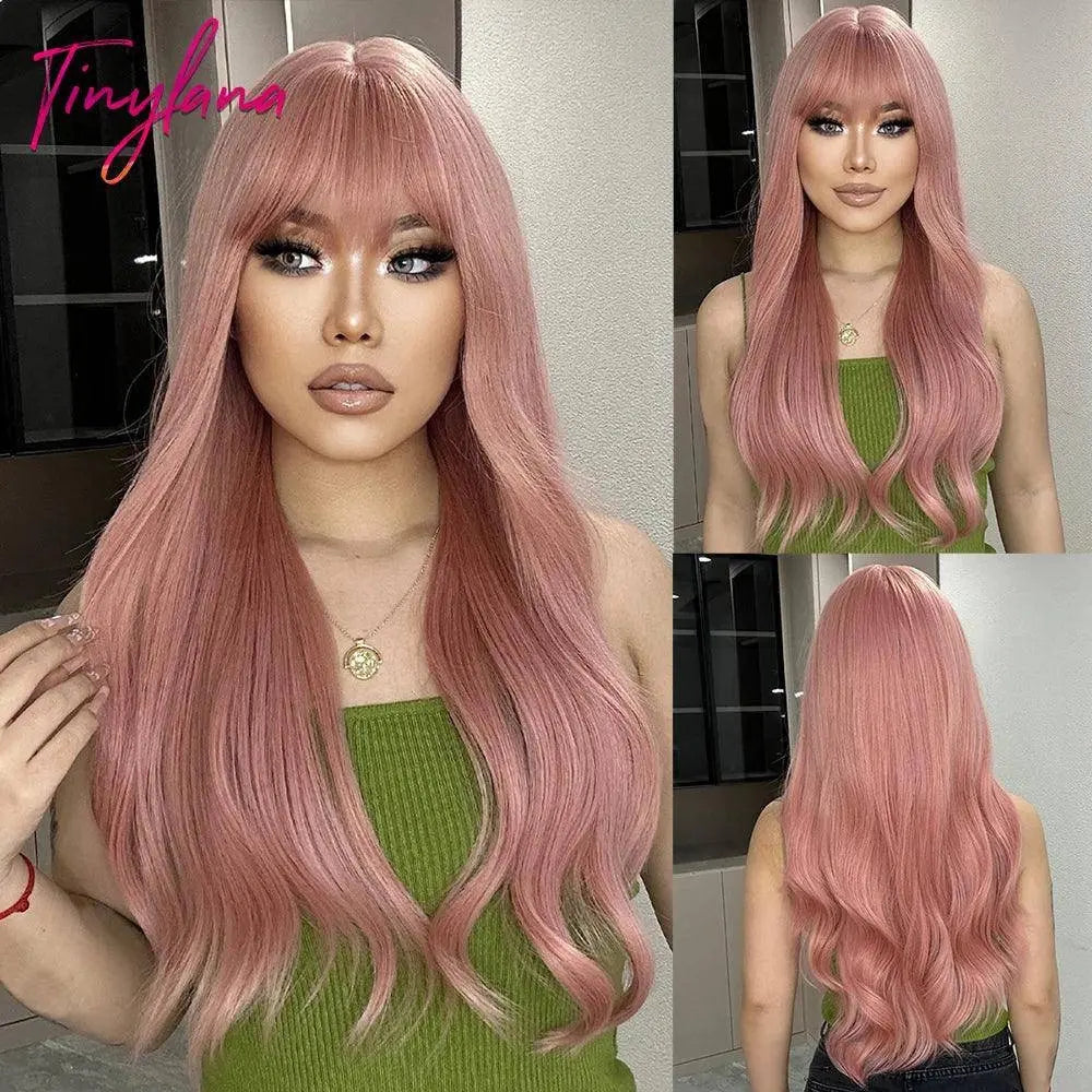 Light Pink Long Wavy Cosplay Synthetic Hair Wigs with Bangs for White Women Afro Lolita Water Wave Halloween Heat Reisitant Wig - Tophatter Daily Deals