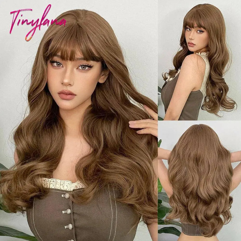 Light Pink Long Wavy Cosplay Synthetic Hair Wigs with Bangs for White Women Afro Lolita Water Wave Halloween Heat Reisitant Wig - Tophatter Daily Deals