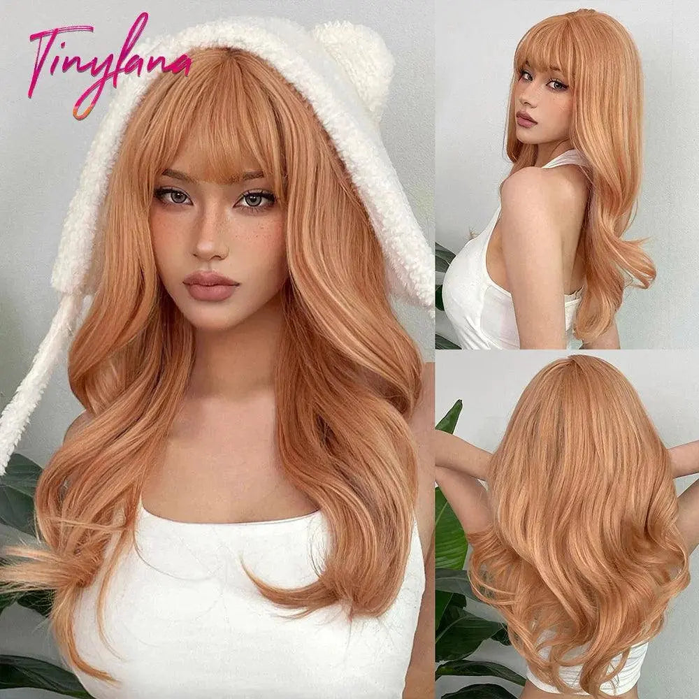 Light Pink Long Wavy Cosplay Synthetic Hair Wigs with Bangs for White Women Afro Lolita Water Wave Halloween Heat Reisitant Wig - Tophatter Daily Deals