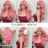 Light Pink Long Wavy Cosplay Synthetic Hair Wigs with Bangs for White Women Afro Lolita Water Wave Halloween Heat Reisitant Wig - Tophatter Daily Deals