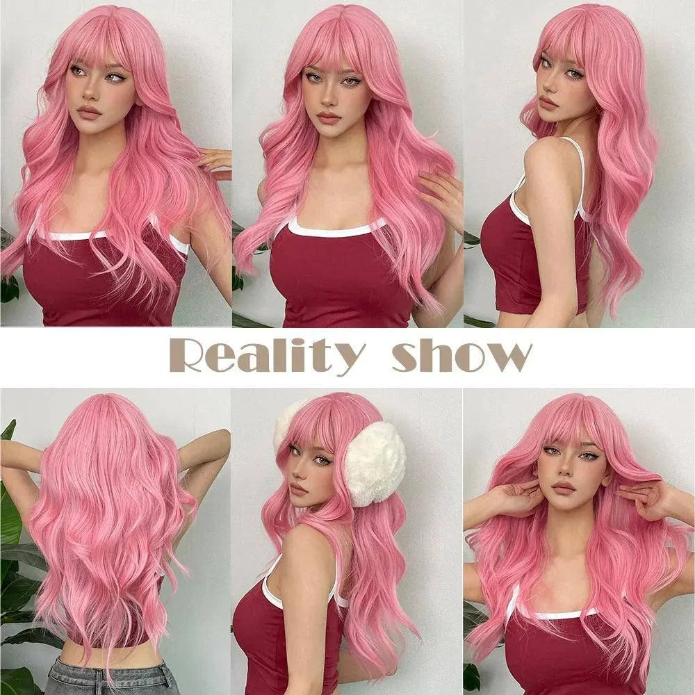Light Pink Long Wavy Cosplay Synthetic Hair Wigs with Bangs for White Women Afro Lolita Water Wave Halloween Heat Reisitant Wig - Tophatter Daily Deals