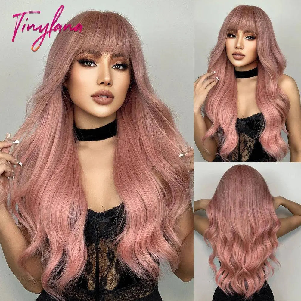 Light Pink Long Wavy Cosplay Synthetic Hair Wigs with Bangs for White Women Afro Lolita Water Wave Halloween Heat Reisitant Wig - Tophatter Daily Deals