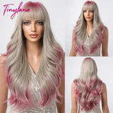 Light Pink Long Wavy Cosplay Synthetic Hair Wigs with Bangs for White Women Afro Lolita Water Wave Halloween Heat Reisitant Wig - Tophatter Daily Deals