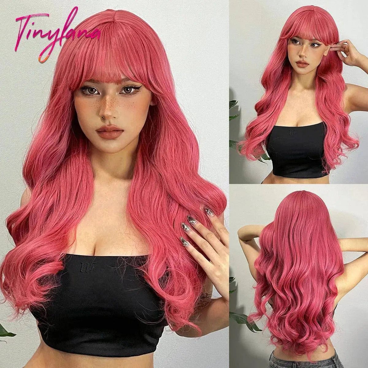 Light Pink Long Wavy Cosplay Synthetic Hair Wigs with Bangs for White Women Afro Lolita Water Wave Halloween Heat Reisitant Wig - Tophatter Daily Deals