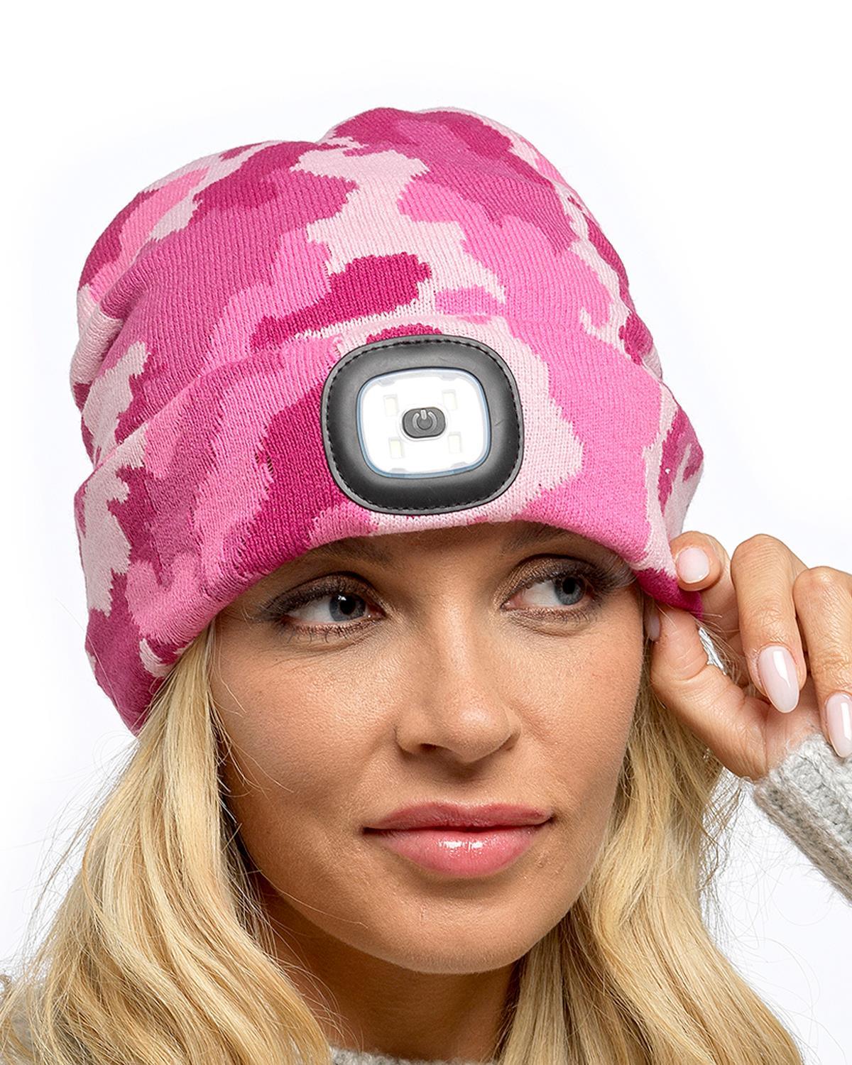 Beanie Hats With Lights - USB Rechargeable Knitted Beanie Hat LED Knitted Hands Free Light Up Hats Pink Camo Apparel & Accessories - Tophatter Daily Deals