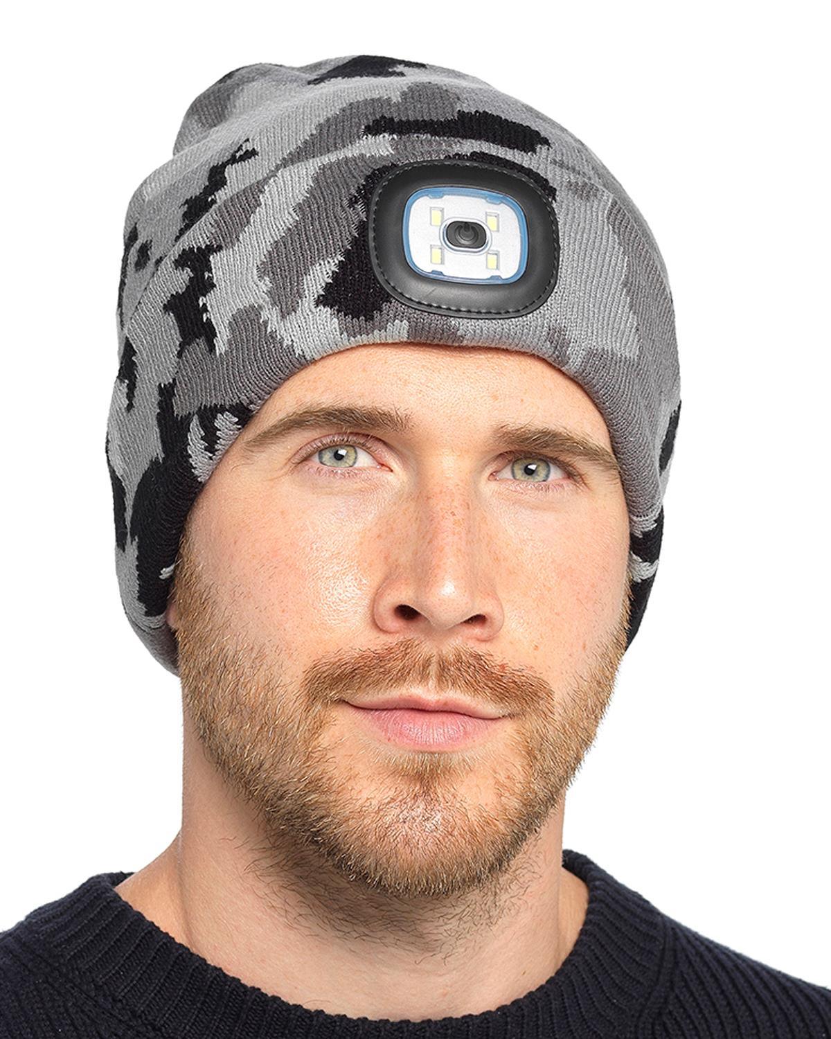 Beanie Hats With Lights - USB Rechargeable Knitted Beanie Hat LED Knitted Hands Free Light Up Hats Grey Camo Apparel & Accessories - Tophatter Daily Deals