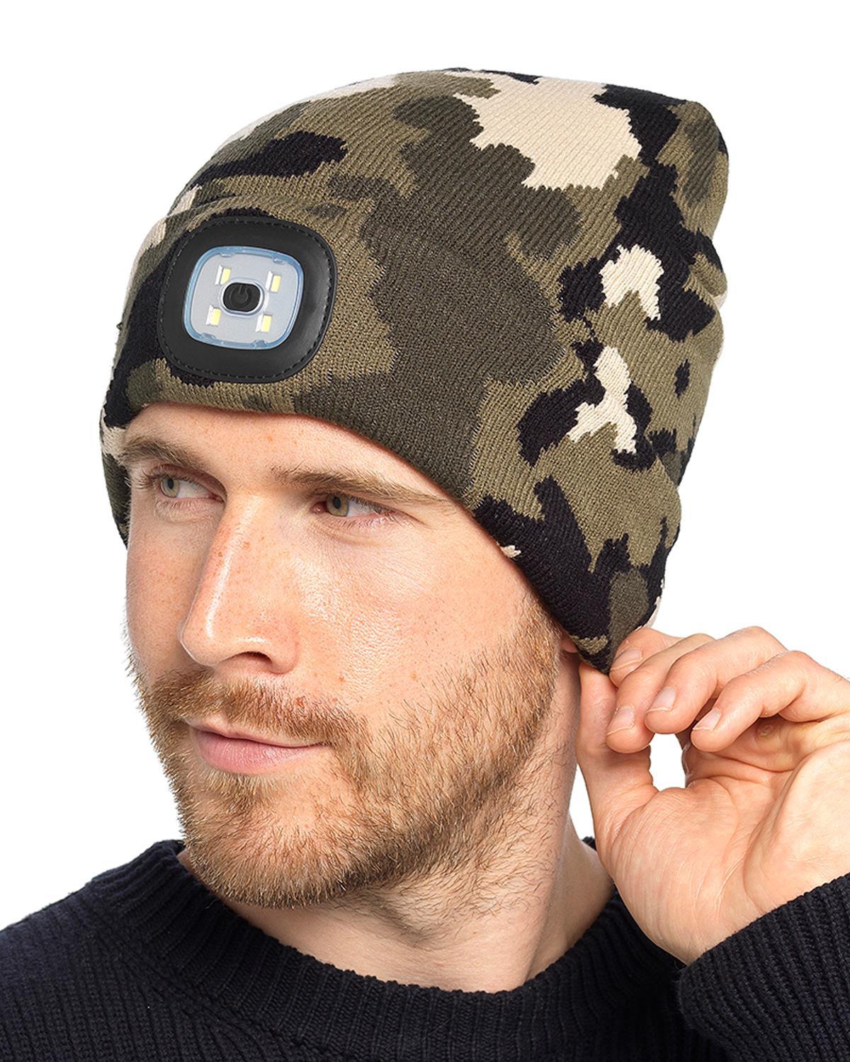 Beanie Hats With Lights - USB Rechargeable Knitted Beanie Hat LED Knitted Hands Free Light Up Hats Khaki Camo Apparel & Accessories - Tophatter Daily Deals