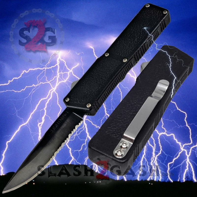 Lightning OTF Dual Action Black Automatic Knife - Tactical Serrated Edge