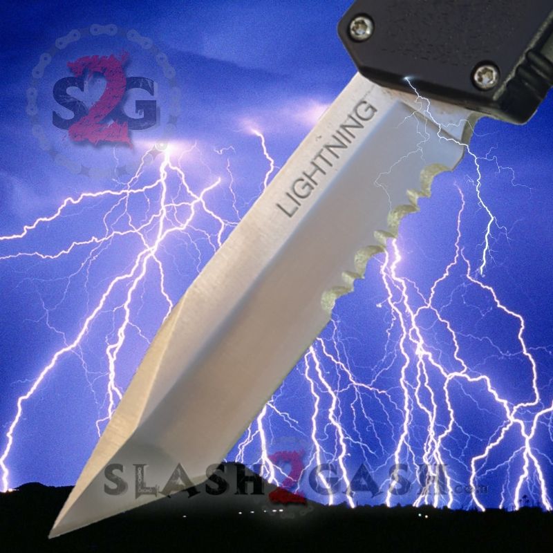 Lightning OTF Dual Action Black Automatic Knife - TAIWAN 11 Blade Options Satin - Tanto Serrated Knife-OTF - Tophatter Daily Deals