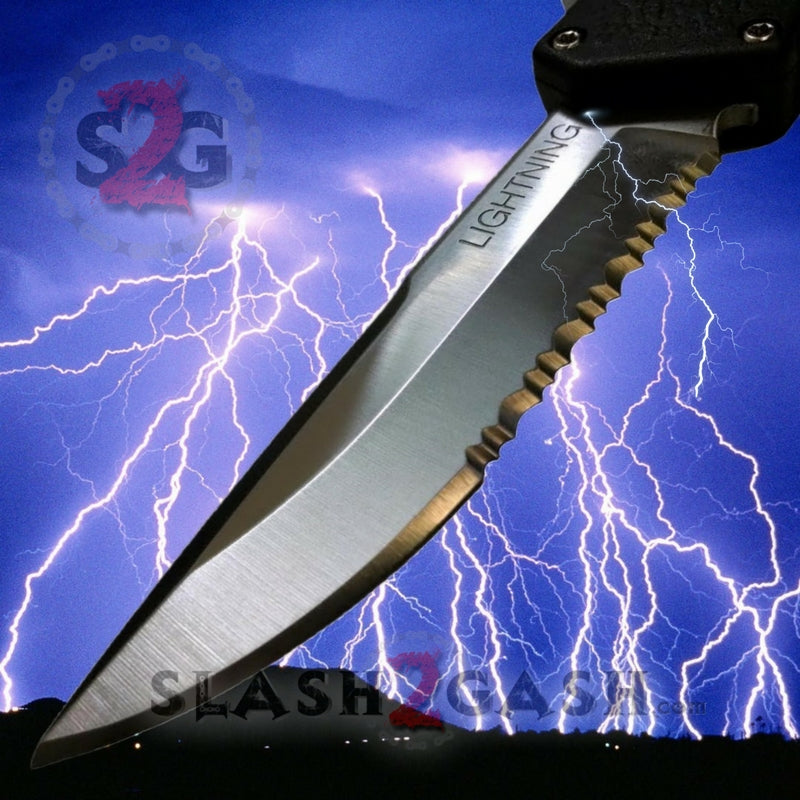 Lightning OTF Dual Action Black Automatic Knife - TAIWAN 11 Blade Options Satin - Serrated Edge Knife-OTF - Tophatter Daily Deals