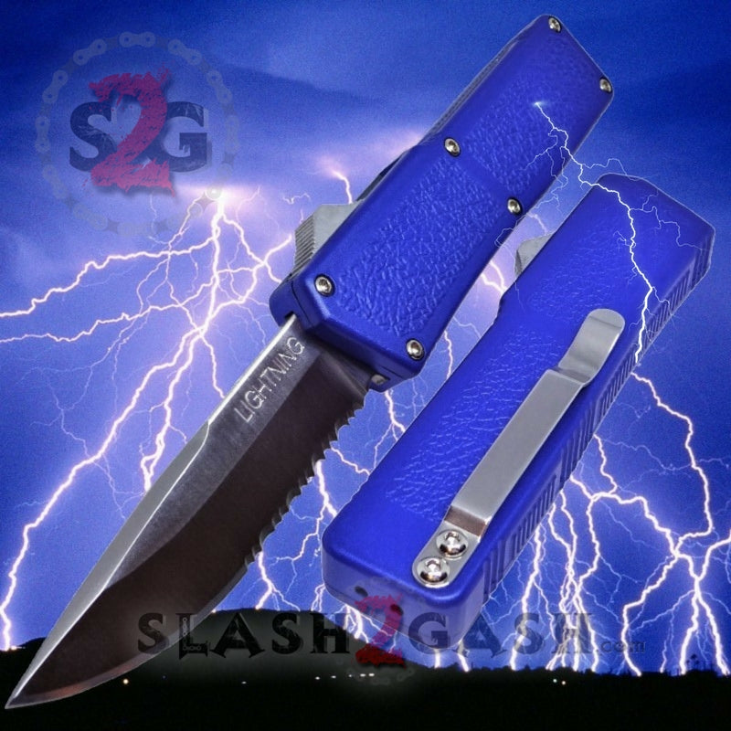 Lightning OTF Dual Action Blue Automatic Knife - Satin Serrated Knife-OTF - Tophatter Daily Deals