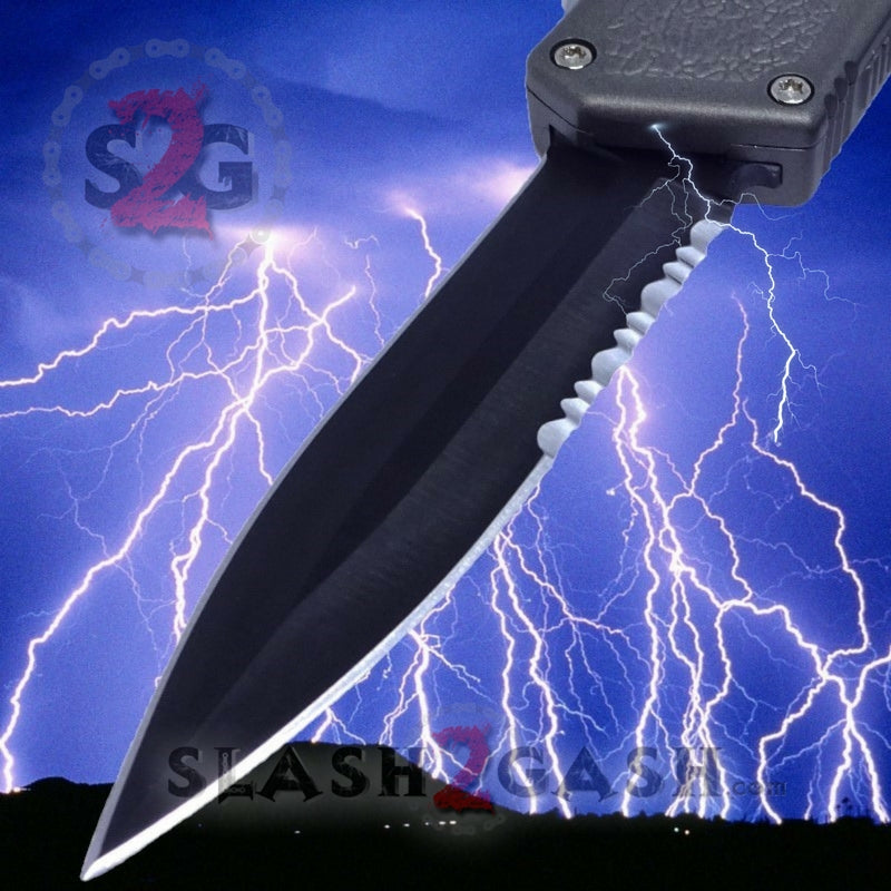 Lightning OTF Dual Action Grey Automatic Knife - Tactical Double Edge Combo Edge Knife-OTF - Tophatter Daily Deals