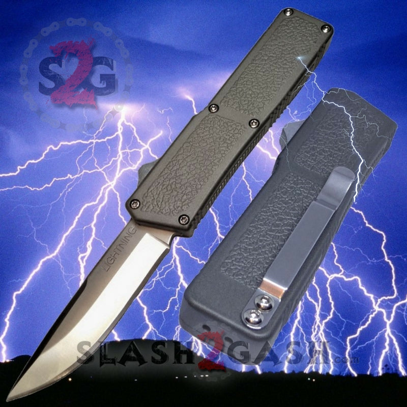 Lightning OTF Dual Action Grey Automatic Knife - Satin Serrated Knife-OTF - Tophatter Daily Deals