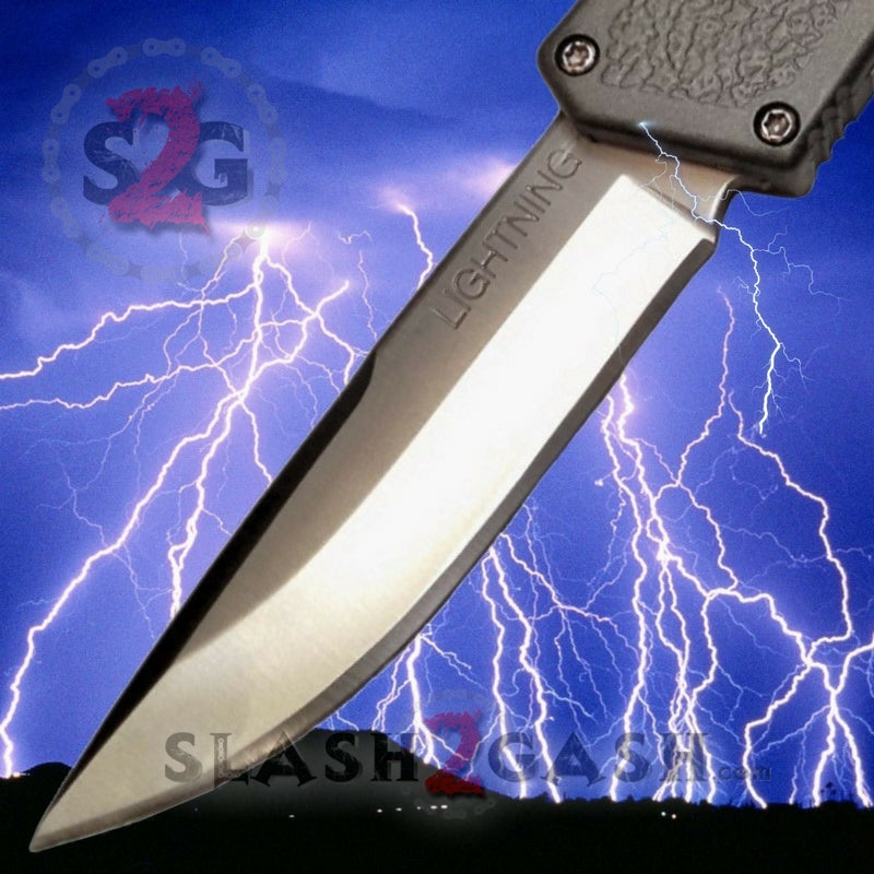 Lightning OTF Knife Dual Action Grey Automatic UPGRADED - 9 Blades Single Edge Plain - Satin Knife-OTF - Tophatter Daily Deals