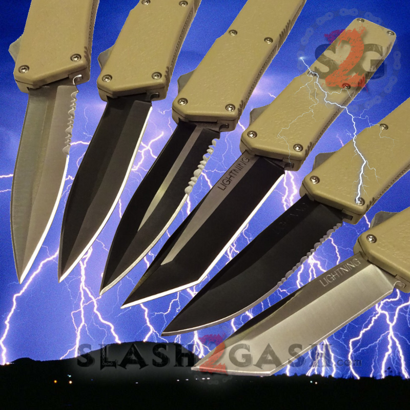 Lightning OTF Knife Dual Action Tan Switchblade - TAIWAN upgraded 6 Blades Knife-OTF - Tophatter Daily Deals