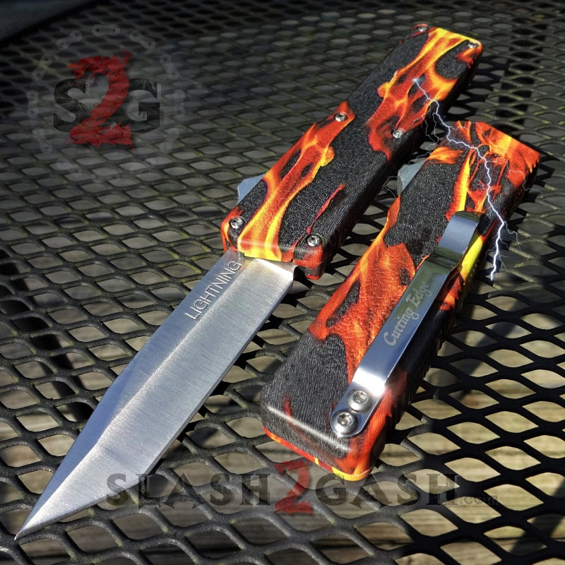 Lightning OTF Knife D/A Flame Fire Switchblade - Tanto Serrated Tanto - Plain Edge Knife-OTF - Tophatter Daily Deals