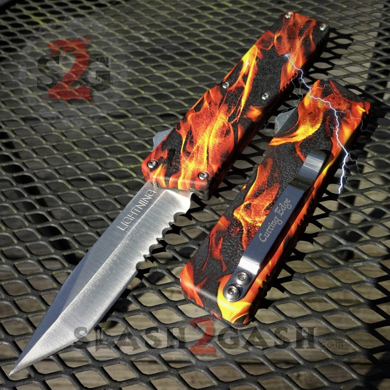 Lightning OTF Knife D/A Flame Fire Switchblade - Tanto Serrated Tanto - Serrated Edge Knife-OTF - Tophatter Daily Deals