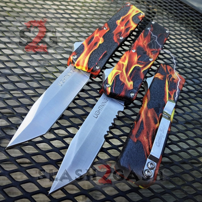 Lightning OTF Knife D/A Flame Fire Switchblade - Tanto Serrated Knife-OTF - Tophatter Daily Deals