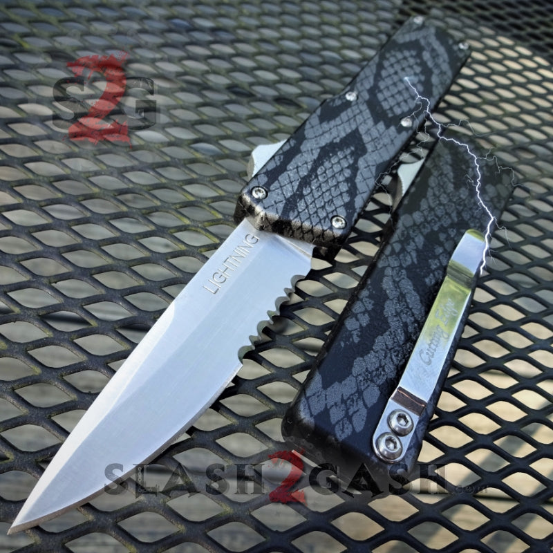 Lightning OTF Knife D/A Snake Skin Switchblade - Drop Serrated Knife-OTF - Tophatter Daily Deals