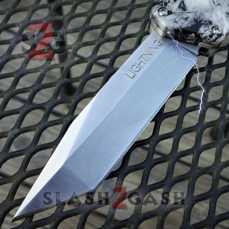 Lightning OTF Knife D/A Zombie Skulls Switchblade - Tanto Serrated Tanto - Plain Edge Knife-OTF - Tophatter Daily Deals