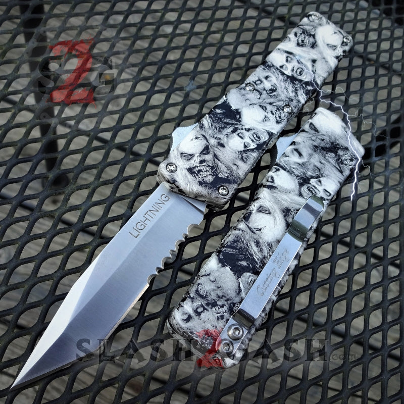 Lightning OTF Knife D/A Zombie Skulls Switchblade - Single Edge Serrated Knife-OTF - Tophatter Daily Deals