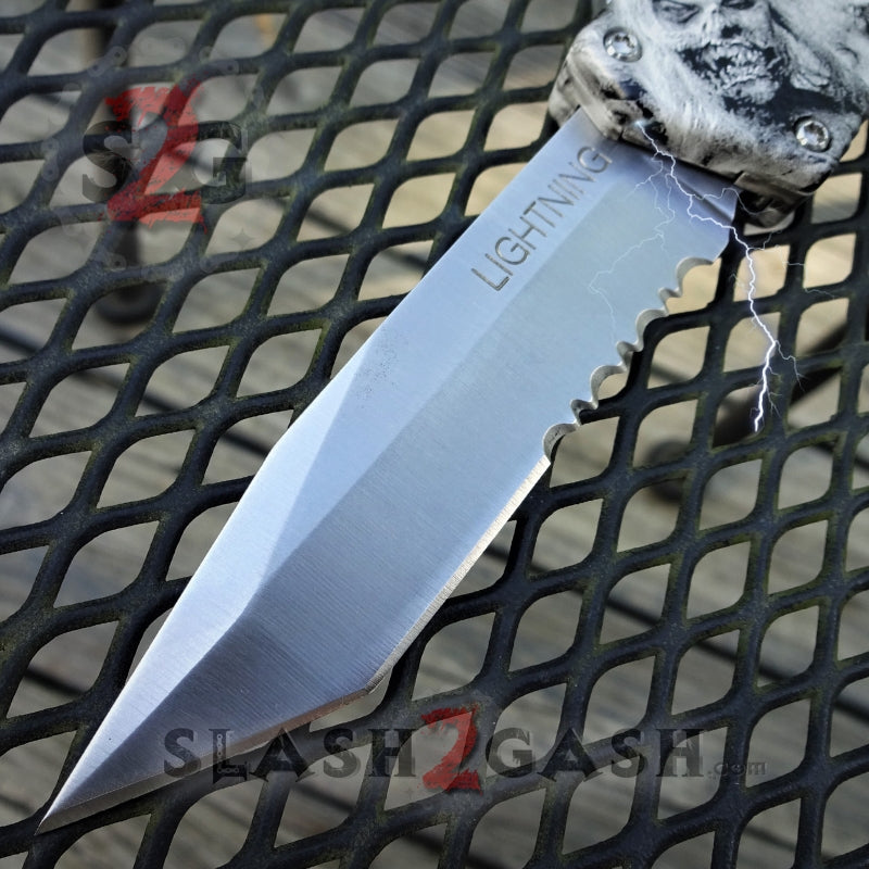 Lightning OTF Knife D/A Zombie Skulls Switchblade - Tanto Plain Tanto - Serrated Edge Knife-OTF - Tophatter Daily Deals