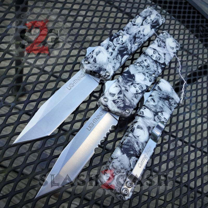 Lightning OTF Knife D/A Zombie Skulls Switchblade - Tanto Serrated Knife-OTF - Tophatter Daily Deals
