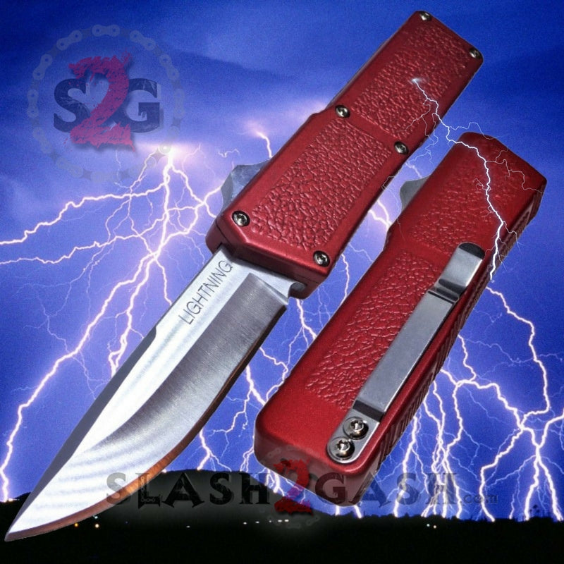 Lightning OTF Dual Action Red Automatic Knife - Satin Serrated Edge Knife-OTF - Tophatter Daily Deals
