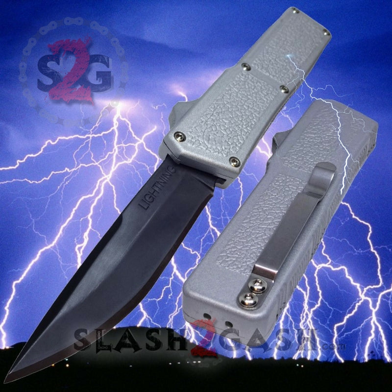 Lightning OTF Dual Action Silver Automatic Knife - TAIWAN (discontinued) Single Edge Plain - Black Knife-OTF - Tophatter Daily Deals