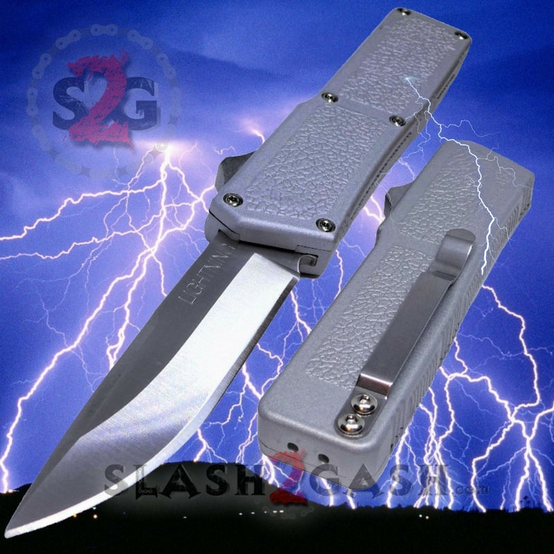 Lightning OTF Dual Action Silver Automatic Knife - Satin Plain Edge Knife-OTF - Tophatter Daily Deals