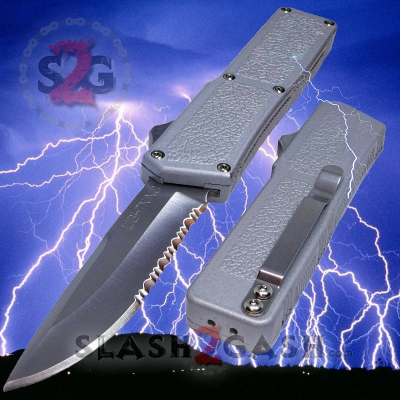 Lightning OTF Dual Action Silver Automatic Knife - TAIWAN (discontinued) Single Edge Serrated - Satin Knife-OTF - Tophatter Daily Deals