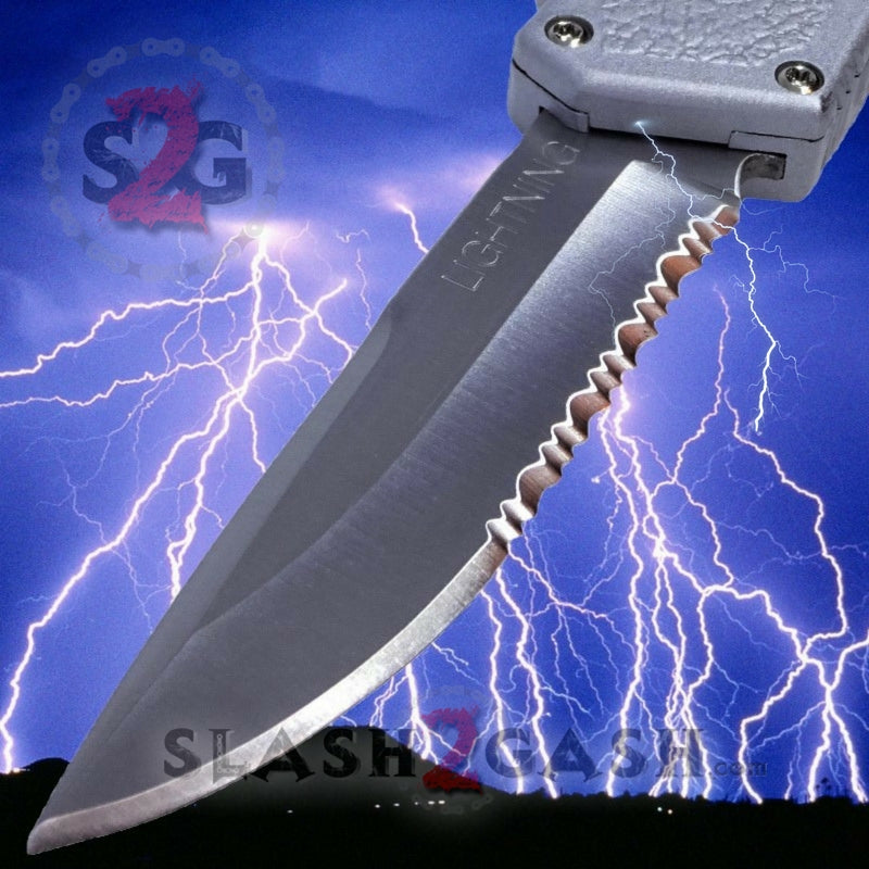 Lightning OTF Dual Action Silver Automatic Knife - Satin Plain Edge Serrated Edge Knife-OTF - Tophatter Daily Deals