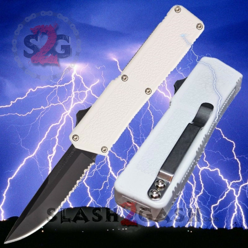 Lightning OTF Dual Action White Automatic Knife - 2toned Plain Edge Knife-OTF - Tophatter Daily Deals