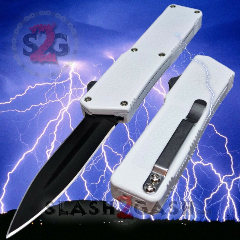 Lightning OTF Dual Action White Automatic Knife - TAIWAN upgraded 4 Blades Double Edge Plain - Black Knife-OTF - Tophatter Daily Deals