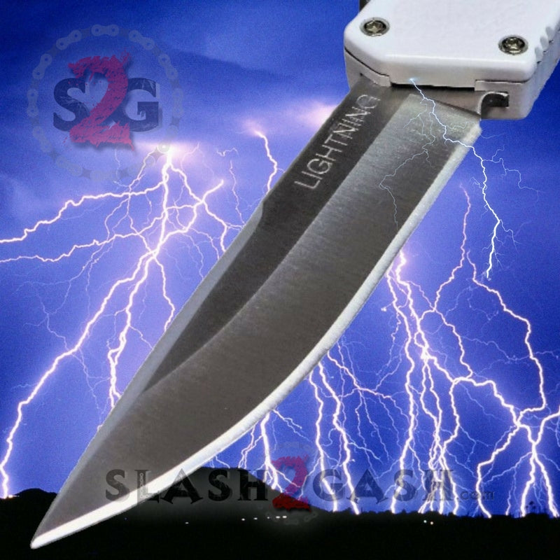 Lightning OTF Dual Action White Automatic Knife - Satin Serrated Plain Edge Knife-OTF - Tophatter Daily Deals