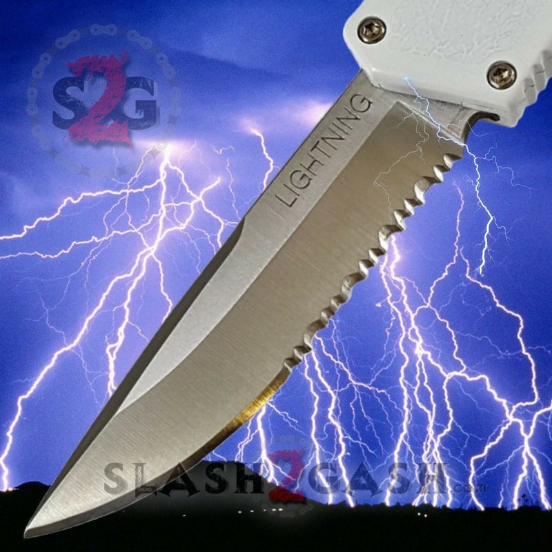 Lightning OTF Dual Action White Automatic Knife - TAIWAN upgraded 4 Blades Single Edge Serrated - Satin Knife-OTF - Tophatter Daily Deals