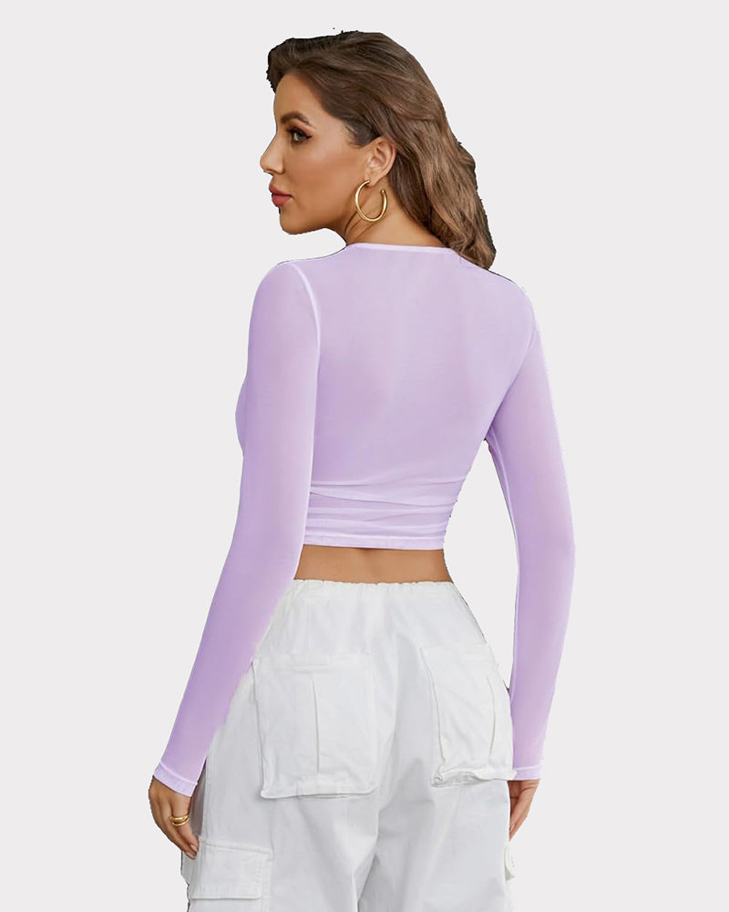 Sheer Mesh Long Sleeve Crop Top Lingeries-Crop tops - Tophatter Daily Deals