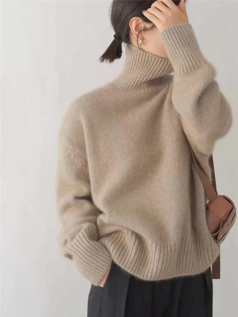 Soft Cozy Women’s Turtleneck Sweater - Oversized Knit Khaki - Tophatter Daily Deals